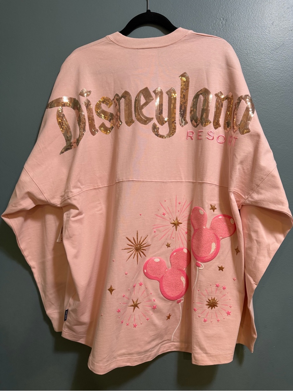 Disneyland Pink Spirit Jersey Mickey Balloon Gold Sequin Pullover Shirt XL NEW